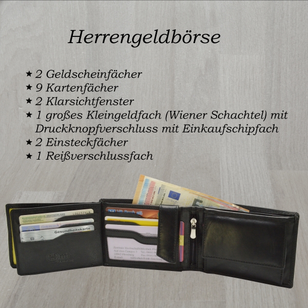 Herren Leder Geldbörse mit Münzfach und drittem geheimen Geldscheinfach
